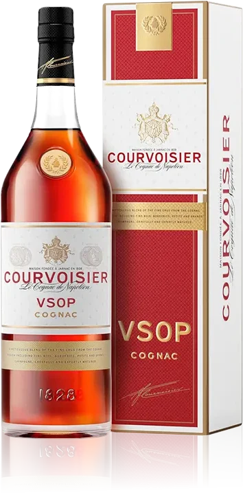 A bottle of Courvoisier VSOP cognac with its gift box