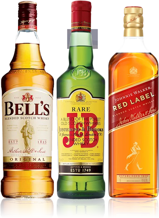 Bottles of Bell’s, J&B Rare and Johnnie Walker Red Label